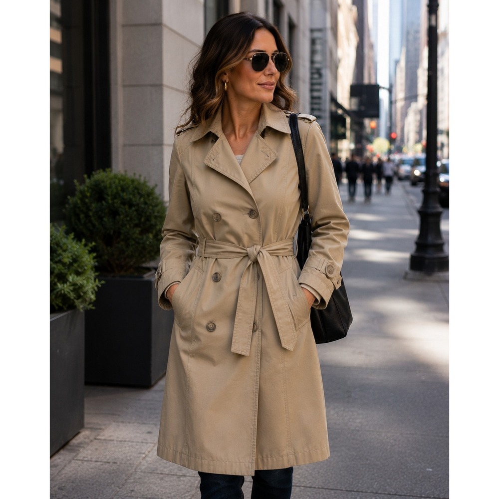 Kenneth Cole Reaction Trench Coat Women Size M Tan Belted Button Front Jacket